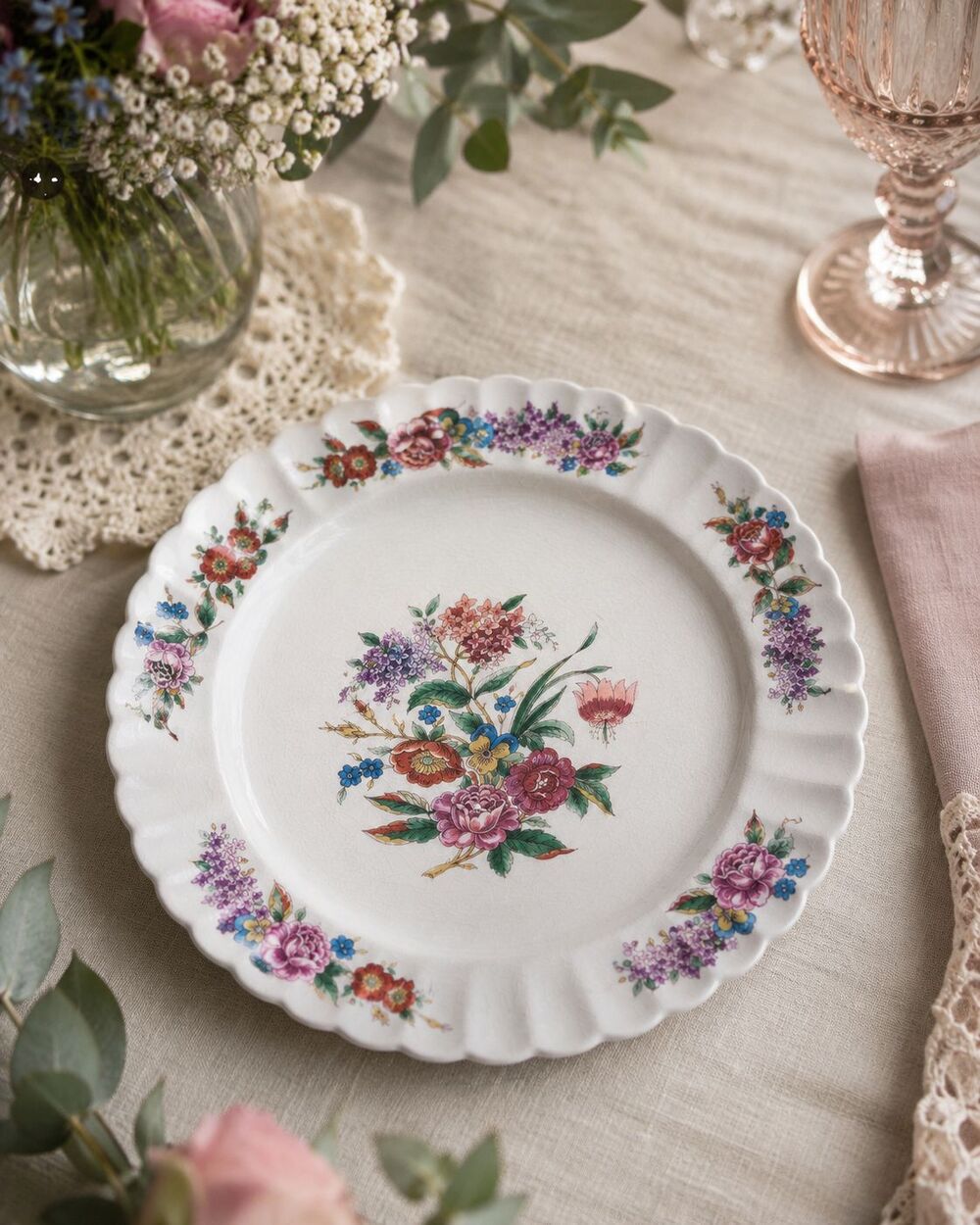 Vintage Limoges USA Wales Floral Dinner Plate 9.5" Scalloped Rim Pink Purple